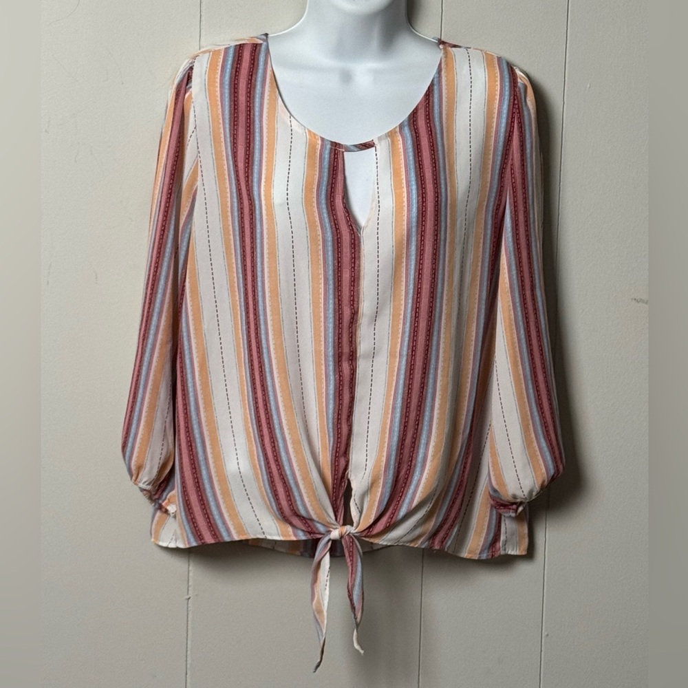 Pink Rose Womens Striped Multicolor Women's Top Keyhole Neck & Tie Waist Size XL